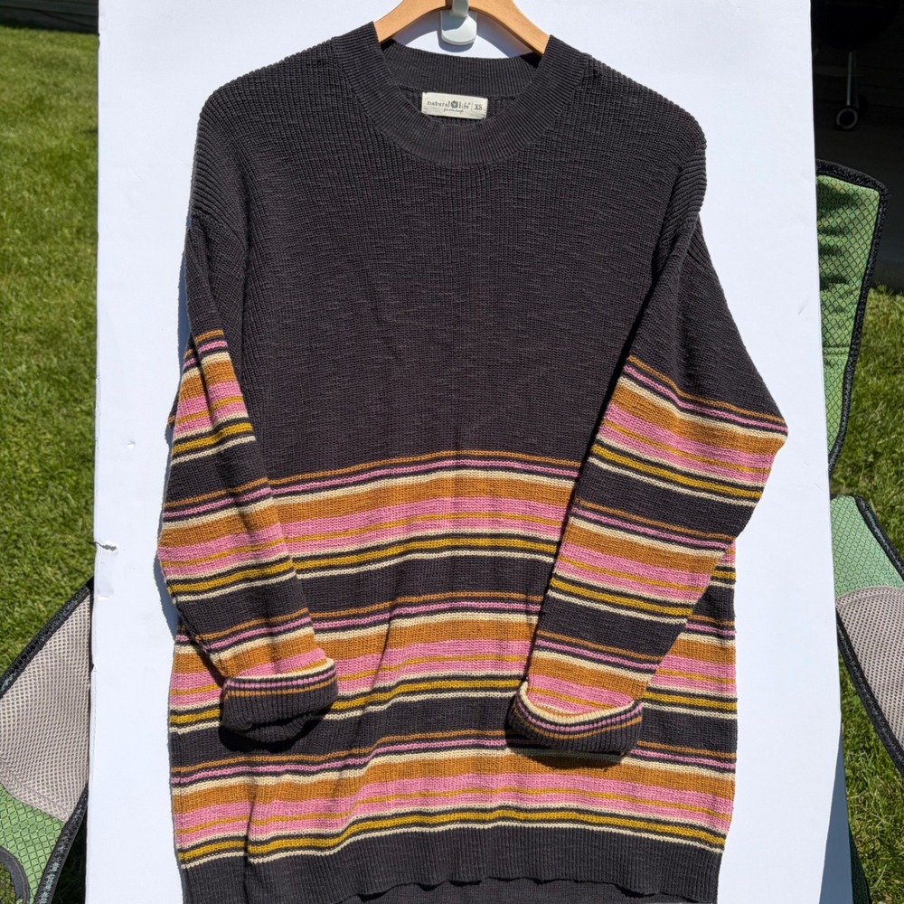 Natural Life Womens XS Oversized Striped Knit Sweater Charcoal Pink Mustard Boho